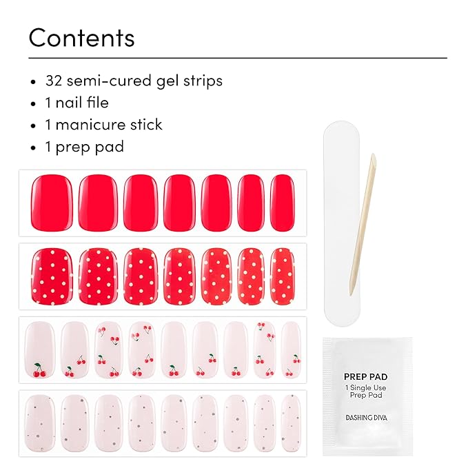 Dashing Diva Glaze Nail Strip Set - Cherry Vanilla - Long Lasting, Chip Resistant, Semi-Cured Gel Nails - 4-Piece Manicure Kit with 32 Strips
