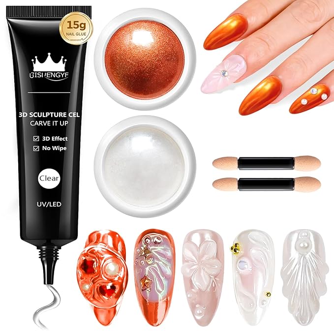 3D Nail Gel Art BISHENGYF - 15g 3D Gel Sculpting Gel with White Orange Chrome Nail Powder for Nail Art Non-Sticky Hand 3D Sculpting for Chrome Powder for Art Home DIY