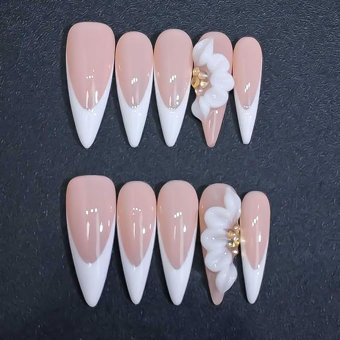 Luxury Press on Nails Long Almond Handmade 3D Unique Reusable ABS Material Fake Nails White French Tip False Nails with Designs Floral Rhinestones Elegant Glossy Glue on Nail Thick Acrylic Nail(M)