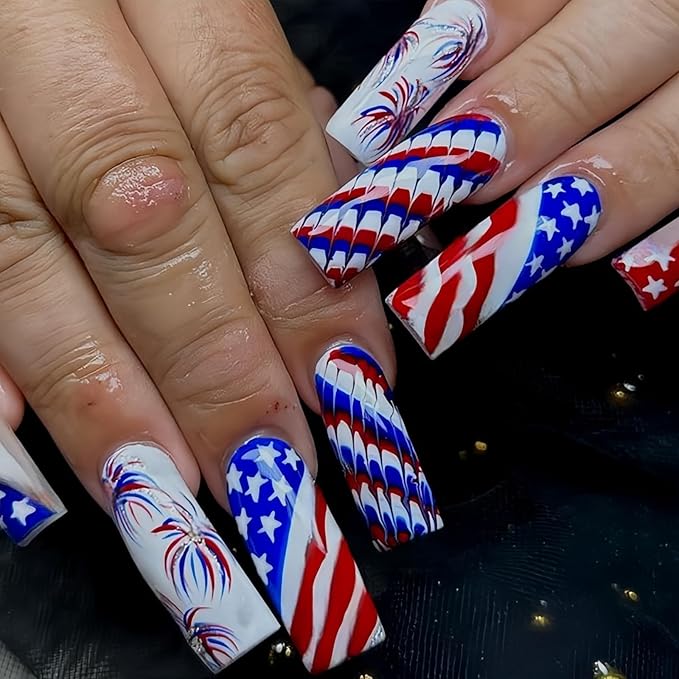 4th of July Press on Nails Long Square America Flag Fake Nails Full Cover Firework False Nails with Designs Tricolor Glossy Glue on Nails Star Acrylic Nails Manicure Artificial Nails for Women Girls