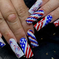 4th of July Press on Nails Long Square America Flag Fake Nails Full Cover Firework False Nails with Designs Tricolor Glossy Glue on Nails Star Acrylic Nails Manicure Artificial Nails for Women Girls