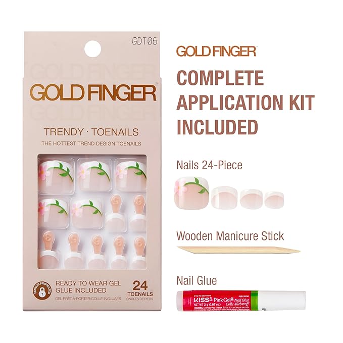 GoldFinger 24 Pcs Press On Toenails, Ready to Wear Fake Nails, Flower French Tip Gel Stick On Extensions, Reusable Pedicure False Nail Kit with Glue, Cuticle Stick & File, 7 Day Long Lasting Wear
