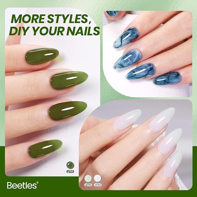 Beetles Forest Veil Jelly Gel Nail Polish Set - 6 Colors St Patricks Day Gel Polish Kit Milky White Olive Sage Green Deep Teal Warm Khaki Sheer Translucent Soak Off UV DIY Manicure Gift for Women