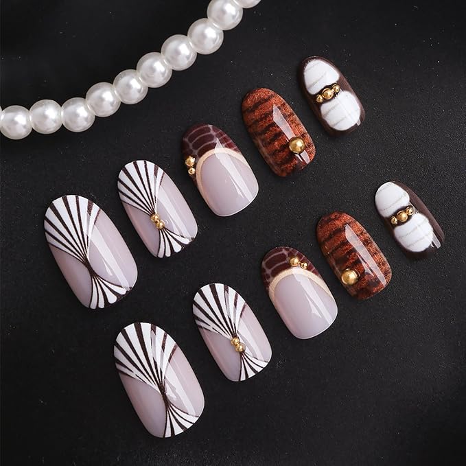 Press on Nails Short Oval MABKJLF Fake Nails False Nails with Tortie Designs Fall Winter Glossy Glue on Nail Brown Acrylic Nails for Women Girls 24Pcs