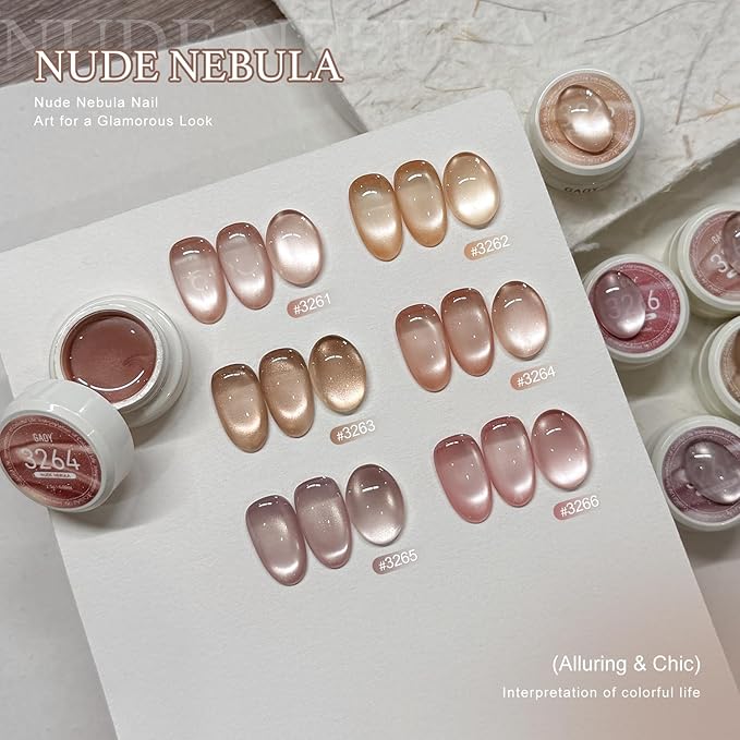GAOY Sheer Nude Cat Eye Gel Nail Polish Set with Magnet, 6 Colors Jelly Pink Purple Gold Holographic Gel Polish, for Salon Manicure & Nail Art DIY at Home, Nude Nebula