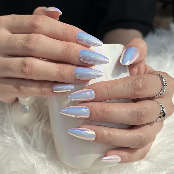 Unicorn Chrome Nail Powder 1g Mermaid Aurora Metallic Mirror Effect Pearl Glitter Pigment for Nails, White Iridescent Nail Chrome Powder for Gel Nails Polish Design with Tool