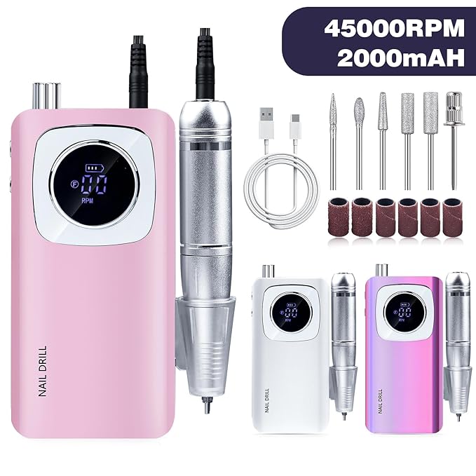 45000RPM Electric Machine Set With LCD Screen File Machine For Acrylic Gels Nails Manicures (White)