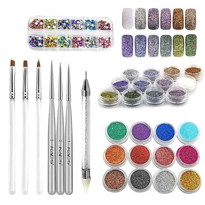 Nail Art DIY Decoration Set 12 colors rhinestones & 24pcs Nail Art Glitter & 1pc Dotting Pen & 3pcs Nail Brush & 3pcs Nail Striping Brush