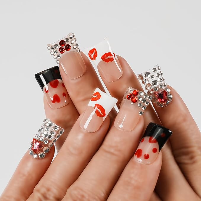 Press On Nails Handmade Short Duckbill Nails, 3D Red Lips, Heart & Bling Rhinestone Nails, French Tip Art Designs Reusable Acrylic Artificial Stick On Nails (Red Lip Passionate Heart,L)