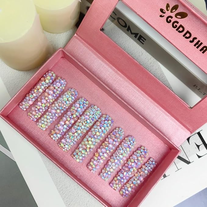 2025 Long Novel Design and Reusable Handmade PMMA Acrylic Press on Nails Full Coverage Candy 3D Crystal Fake Nails With Box Gifts for Women (Bubble World, L)