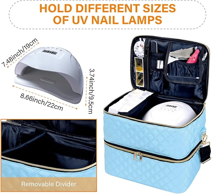 Nail Polish Organizer Case Holds 40 Bottles(15ml/0.5fl.oz) and Nail Lamp, Double Layer Nail Polish Storage with Adjustable Dividers,Portable Carrying Bag for Nail Kit, Manicure Tools Sky Blue