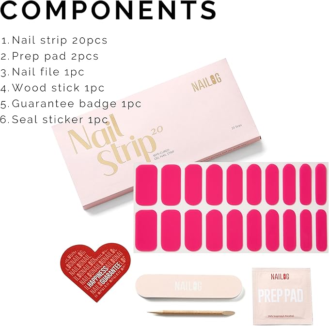 Semi Cured Gel Nail Strips - NAILOG 20 Pcs Rose Pink Nail Stickers Extra Long Wraps with Glossy Gel Finishing for Spring Summer, Cerise