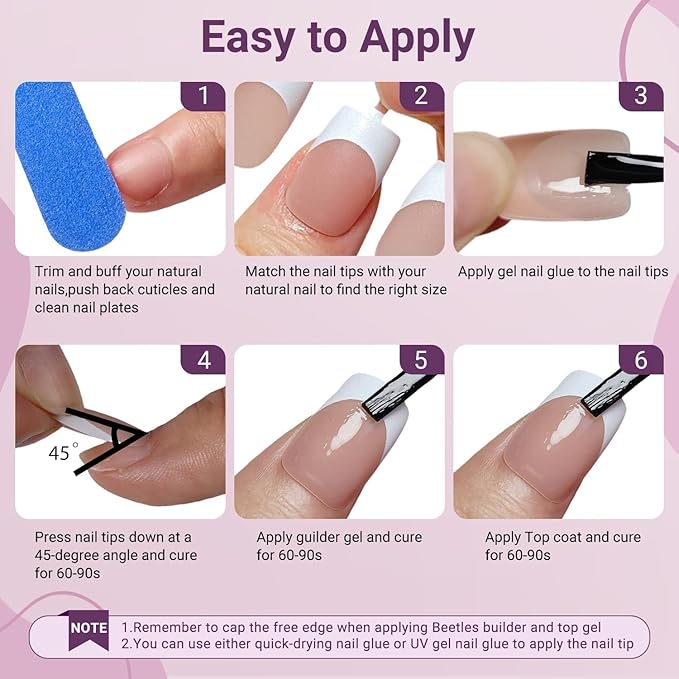 Gel French Tip Nails Medium Square Press on Nails White Tips 300Pcs Pre-applied Primer Natural Nude Fake Nails Extensions Kit for Women Girls DIY