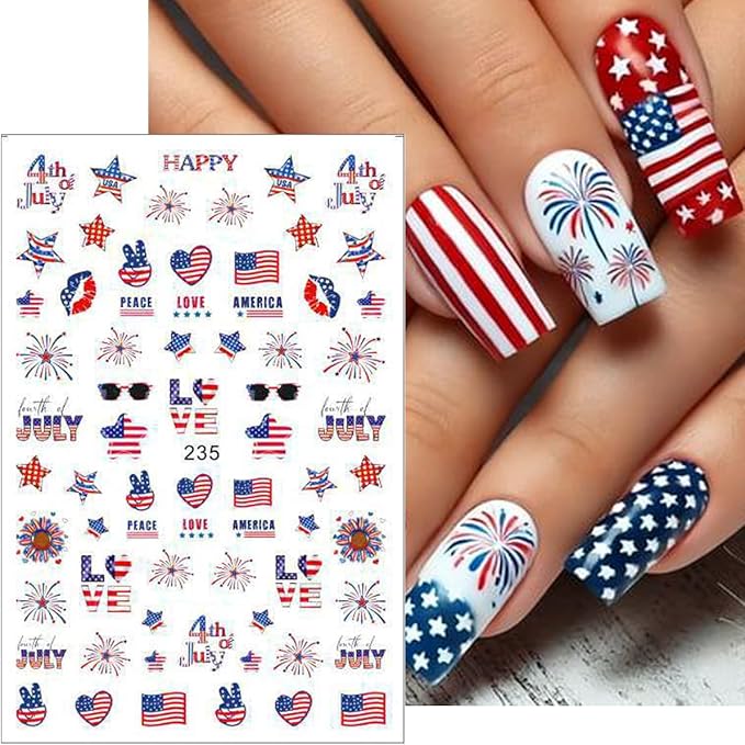 6Pcs/Celebrate 4th of July Nail Stickers for Nail Art Set - Independence Day Fireworks USA America UK Flags Adhesive Nail Art Sticker Decals DIY Patriotic Manicure Sliders Decorations Supplies