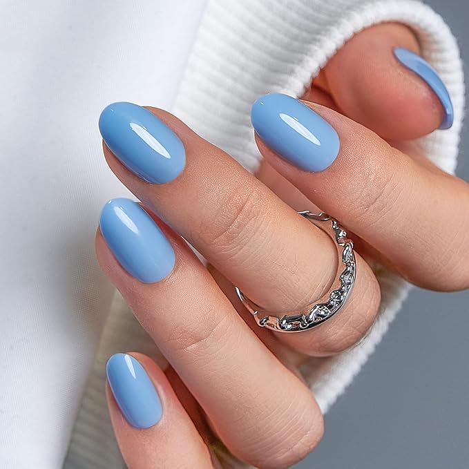 CurvLife Press On Nails Short – 30Pcs Soft Gel Oval Fake Nails, Reusable Glue On Nail Kit with Adhesive Tabs, Natural Fit & Salon-Quality for Women & Girls (Blue Whisper)