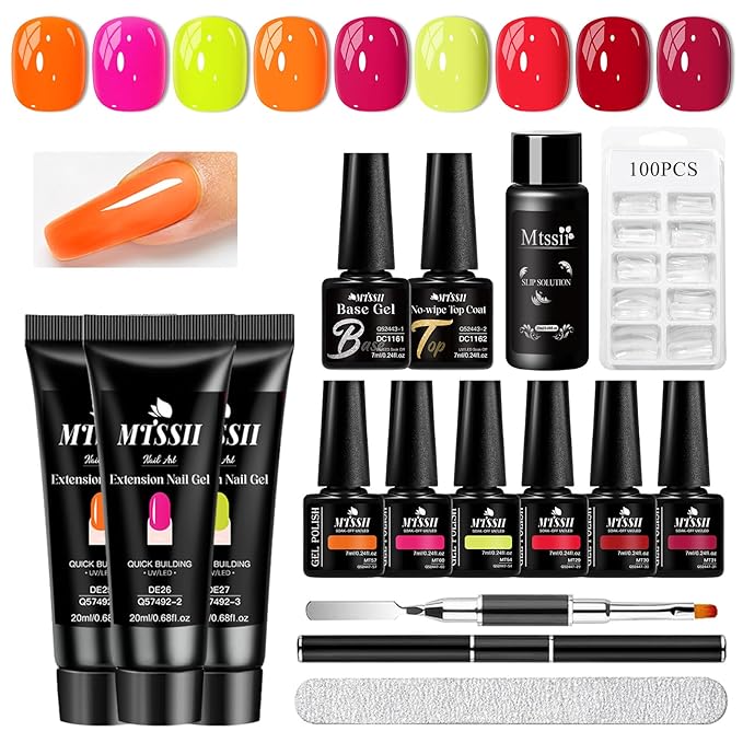 MTSSII 15Pcs Gel Nail Polish Set 6 Colors Neon Gel Polish + 3Pcs Poly Extension Gel Nail Kit Pink Orange Yellow Red Builder Gel Set for Beginner & Professional