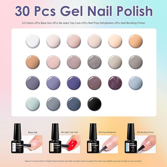 MEET ACROSS Nude Gel Nail Polish Kit 22 Colors Gel Polish Set Skin Tones Neutral Gray Purple Series Soak Off Uv Led Lamp Gel Nail Kit DIY Nail Art Salon Home Gift 30Pcs