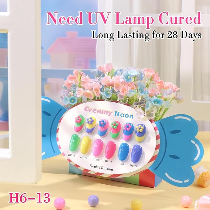 Double Rhythm 6 Pcs Hema Free Gel Polish Set 0.50 OZ Same Color Same Bottle Soak Off Neutral Natural Gel Polish Kit Nail Manicure Salon DIY at Home (Neon Yellow Green Pink Rose Blue Purple-H6-13)