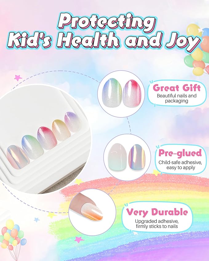 Cute Press on Nails for Kids,Girls Trendy Stuff Fake Nail Kit for Ages 5-12, Pre-glue Glitter Short Acrylic Nail Stick on Nails, Great for Girl Birthday Gifts, Parties&Makeovers Decoration