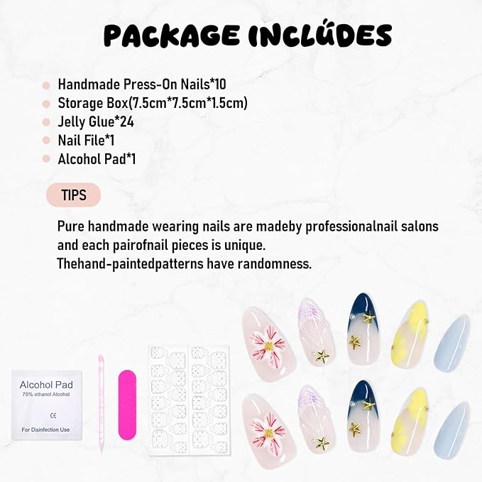 Handmade Press on Nails 3D Pink White Flower Fake Nails Salon Quality Medium Almond Acrylic Nail French Summer Starfish False Nails Designs Full Cover Stick on Nail for Women（Size S）