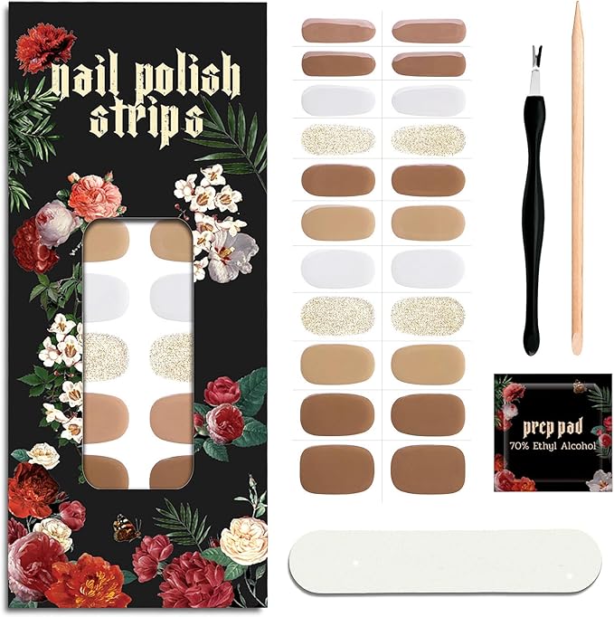 Nail Polish Strips (No UV Lamp Needed) - 22 Pcs Salon Quality Gel Nail Stickers - Long Lasting Wraps (Sepia Tone Brown)