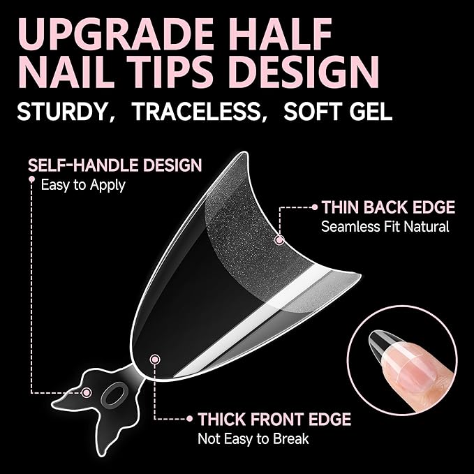 UNA GELLA Almond Shape Nail Tips Half Cover 216pcs Medium Almond Gel Nail Tips Pre-buff Matte Soft Gel Acrylic Press On Nails Easier Nail Extentions Art Salon 12 Sizes