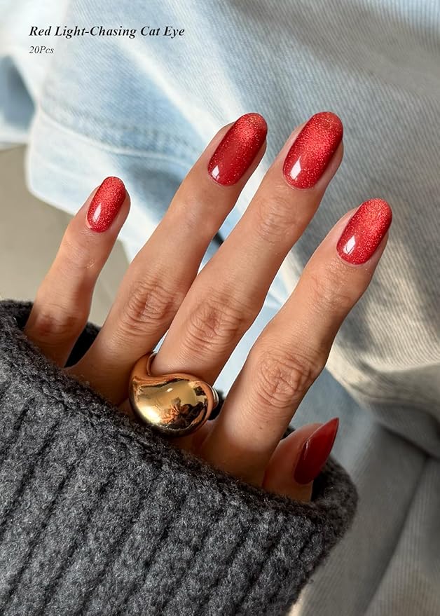 Semi Cured Gel Nail Strips (Red Light-Chasing Cat Eye), 20 Pcs Gel Nail Wraps, Stickers, Works with Any UV Lamps