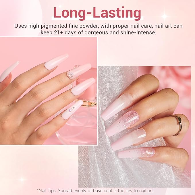 AZUREBEAUTY Dip Powder Nail Kit Starter, 4 Colors Glitter Soft Pink French Nail Art, with Base Coat, Top Coat and Activator Liquid, Suitable for All Seasons, Ideal for DIY Manicure and Salon Use