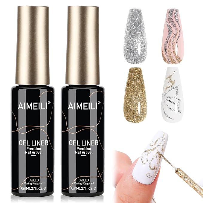 AIMEILI Nail Art Liner Gel Polish, Hema Free, Cruelty Free, Vegan, Silver Bronze Gold Nail Paint Build in Thin Brush for Swirl French Tips Manicure DIY