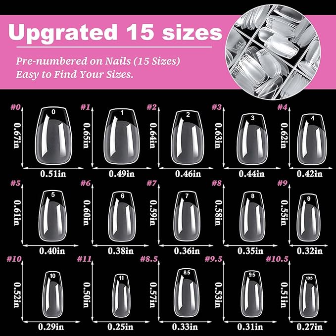 300pc Short Coffin Gel Nail Tips Clear Fake Nail, Clear Press on Nails Short Coffin Soft Gel Nail Tips Ballerina Acrylic Nails Full Cover False Nail Artificial Fingernail for Nail Extensions 15 Sizes