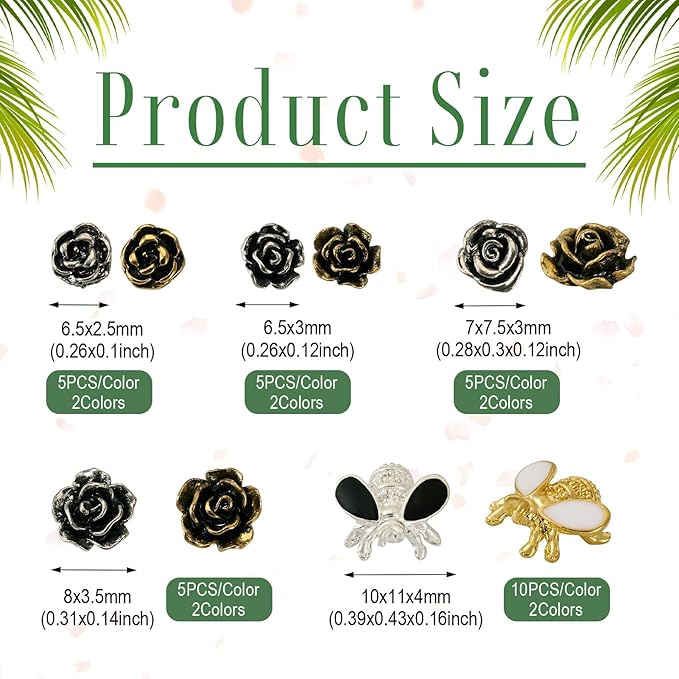 Craftdady 60Pcs Alloy Enamel Bee Rose Nail Art Cabochons Antique Flower Nail Charms Flatbak Metal Nail Beads for Nail Art Scrapbooking DIY Hair Clip Crafts Jewelry Making Supplies