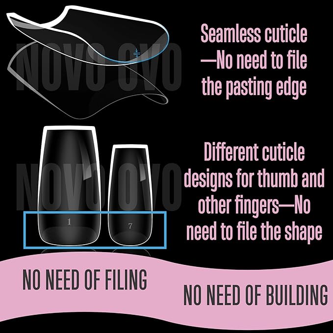 NOVO OVO Extra Thick Square Nail Tips Press on Natural Curve, Medium Soak Off Soft Gel Fake Nail Extension, Full Cover Matte Cuticle False Nails for Acrylic French, Salon DIY x 14 Sizes 336 pcs