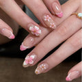 Press on Nails Medium Almond Fake Nails Nude French Artificial Nail 3D Flowers Stick on Nail for Women 30pcs