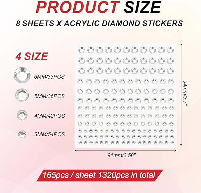 PATIKIL 1320 Pcs Acrylic Gem Sticker, 4 Size 3/4/5/6mm Self Adhesive Rhinestones Face Gem Stones Bling Jewelry for Nail Art Craft Clothes DIY Makeup Decoration Party, White