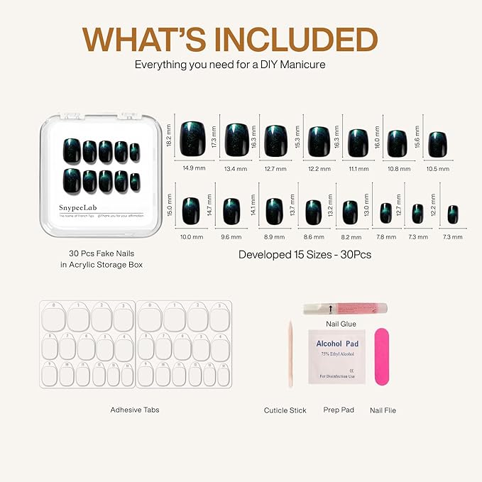 Green Cat Eye Press on Nails Short Square, St. Patrick's Day Nail, French Tip Short Square Glue on Nails for Women Gift, Reusable Soft Press on Acrylic Nail with Designs 30Pcs (Teal Green)