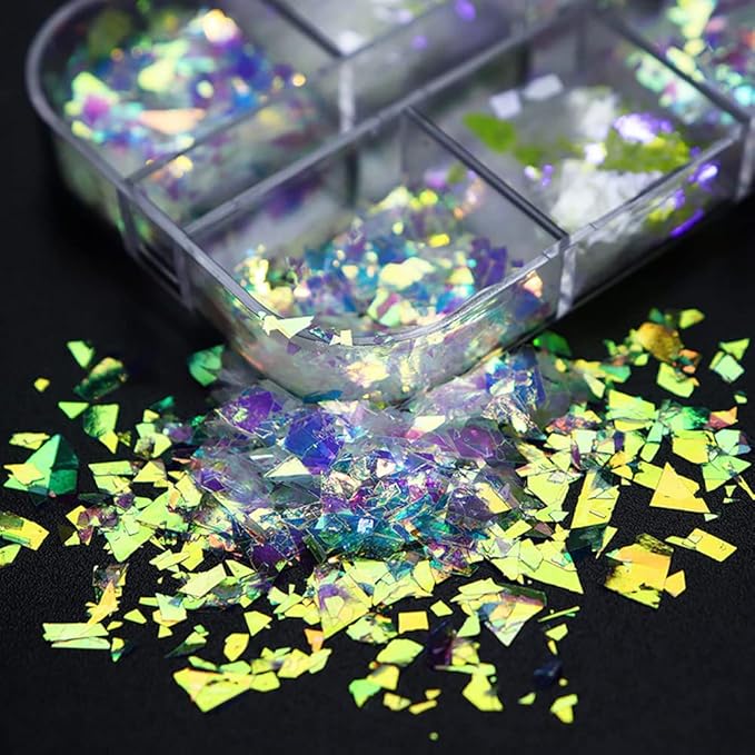Nail Art Mermaid Flake Sequins 3D Acrylic Holographic Chunky Laser Decals Ultra Thin Iridescent Glass Paper Sticker Manicure Decoration 12 Grids