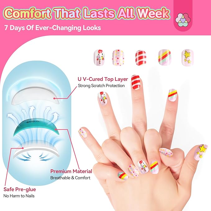 SAVILAND Glamkids Kids Press on Nails: 7 Days Of Ever-Changing Looks Press on Nails for Kids 8-12 Pre-Glue Full Cover Fake Nails for Girls Parties Sleepovers Makeovers LittleNailArtist