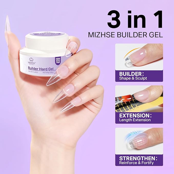 MIZHSE HEMA-Free Hard Gel for Nails-1.06oz Clear Builder Gel Nail Stengthener U V/LED Extension Gels for Nail Repair for DIY Home Salon Women Gifts Lamp Cured