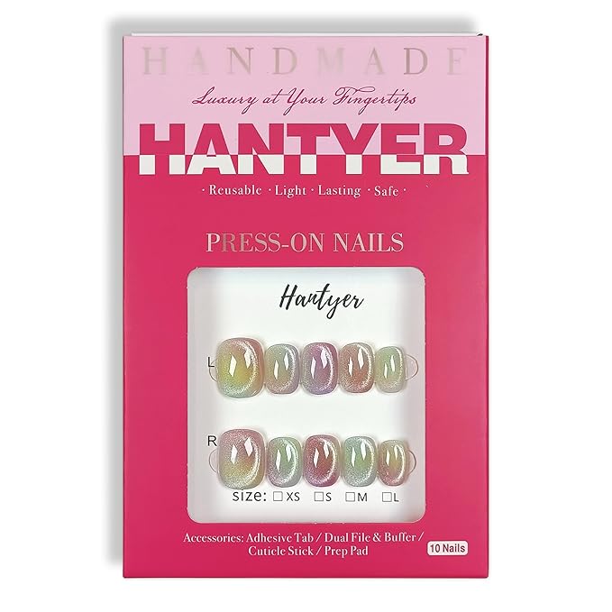 Press on Nails with Tools Kit, Short Oval Fake Nails in Dopamine Colors, Summer Cat Eye Gel Nails, Handmade Tips Cute & Vibrant Style for Women Daily & Pool Parties(Size M)