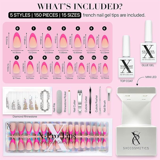 SXC Cosmetics X-Pro Tips French Tip Press On Nails - Bright Pastel Glow in the Dark Series (GLOW114KIT-S Almond)