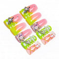 10 Pieces Luxury Acrylic Press On Nails Long Handmade Duck Nails, Green Thickened False French Nails, With 3D Bowknot And Stars, Reusable Fake Nails, Acrylic Nails (L)