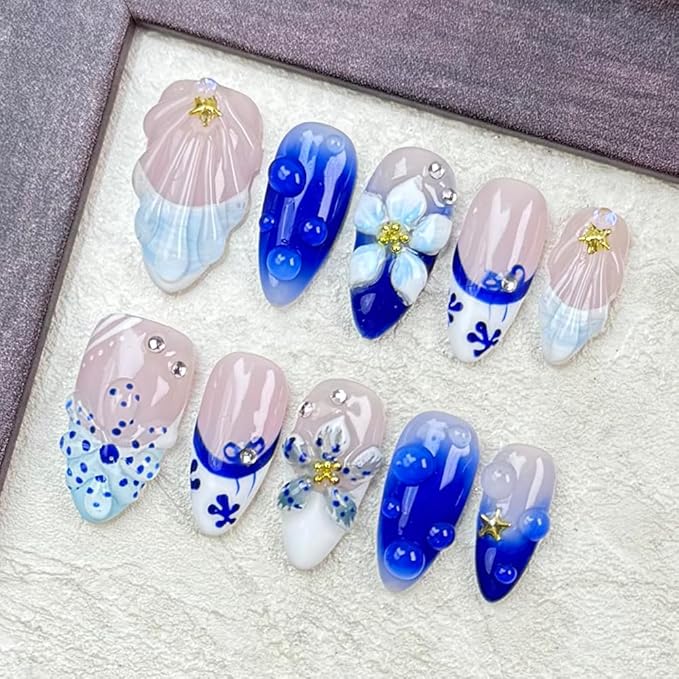 100% Handmade Press on Nails Medium Almond Handmade Nails with Blue Flower Charm Design Chinese Style Fake Nails Glossy Ombre French Tip Nail Press ons Spring Summer Acrylic Nail for Women M 10Pcs