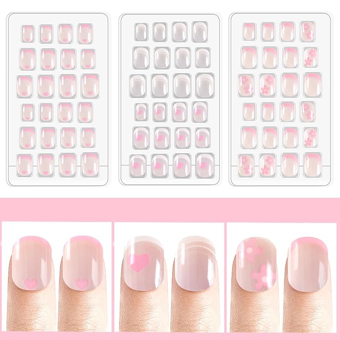 Laza 72pcs Children Nails Press On Pre-glue Full Cover White Pink Heart Flower Short False Nail Kits for Kids Teenager Girls - French Manicure