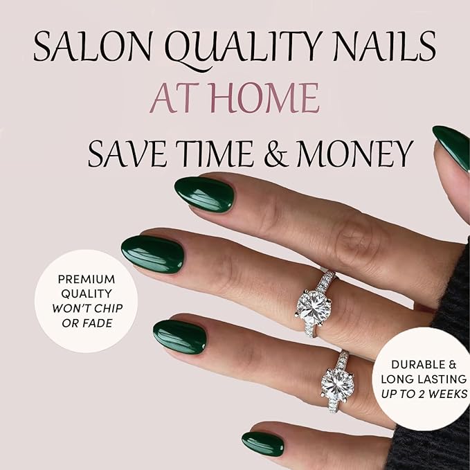 Green Press On Nails Almond -Short Press On Nails with Nail Glue, Fit Perfectly & Natural Reusable Stick On Nails in 12 Sizes - 24PCS Soft Gel Glue On Nails Kit