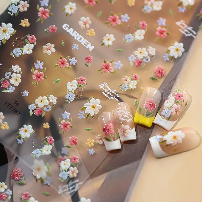 1 Sheets Cute Spring Flower Nail Decals for Nail Art Embossed Small Flowers Leaf Nail Art Stickers 5D Self-Adhesive Spring Nail Design Decals Blue Yellow White Pink Floral Nail Stickers for Women