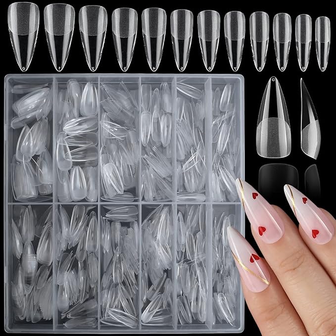 LoveOurHome 600pc Medium Stiletto Nail Tips Fake Nails, Clear Press on Nails Medium Gel Nail Tips Stiletto Acrylic Nails Pointy False Nails Clear Artificial Fingernail for Gel Nail Extension
