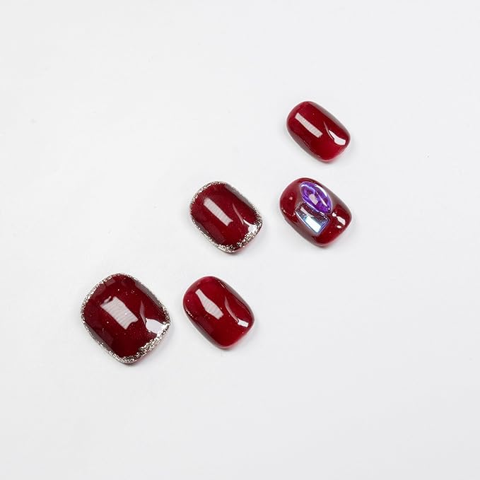 Press on Nails, Short Round Fake Nails Red Rhinestones False Nails Large Pink Press on Nails for Women Girls Nail Art Decoration - Lagre