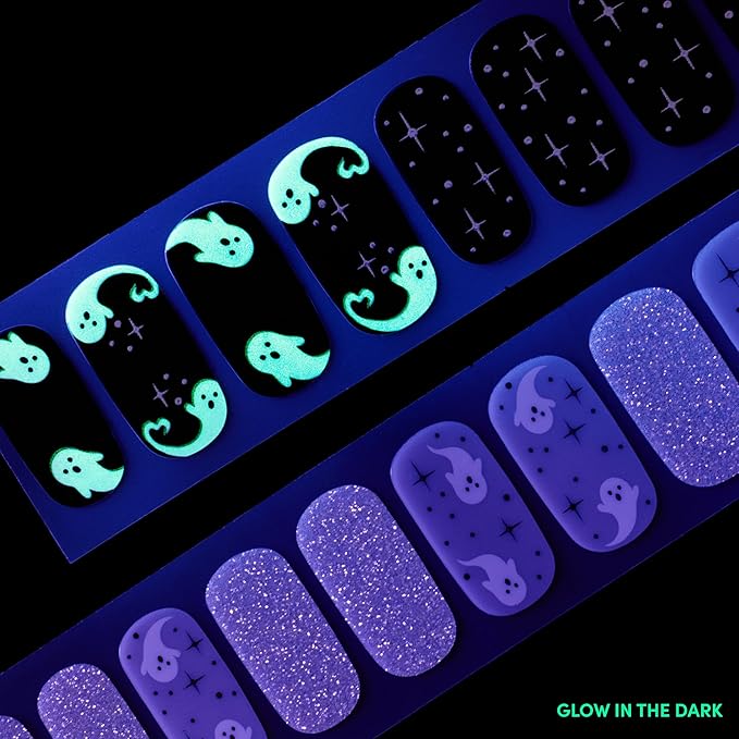 Dashing Diva Gloss Nail Strips - Ghostly Touch - UV Free, Chip Resistant, Long Lasting Gel Nail Stickers - 3-Piece Glow-In-The-Dark Manicure Set - Contains 32 Wraps, 1 Prep Pad, 1 File