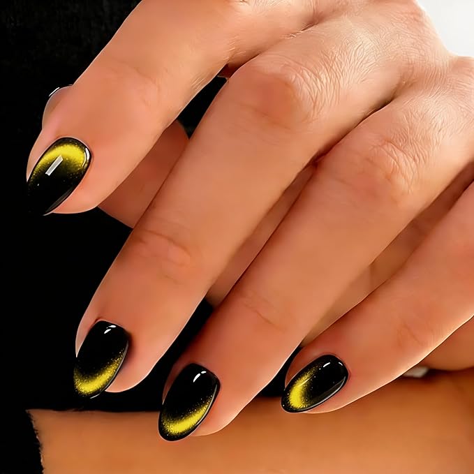Cat Eye Press on Nails Short, Chrome Press on Nails Oval, Thick Glazed Black Gold Fake Nails Press ons for Women Party Prom, Reusable Glitter Glue On Nails Almond in 15 Sizes, 30 Pcs
