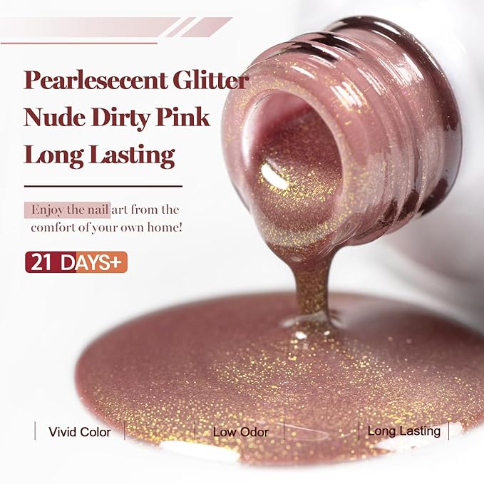 RARJSM Nude Rosy Brown Pink Golden Glitter Gel Nail Polish Nuded Skin Tone Sparkle Shimmer Jelly Sheer Color Gelpolish Home Salon French Manicure Varnish Soak off Curing Requires Single Bottle 15ml